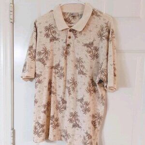 Cherokee Waikiki Wear Polo Shirt Men's Large Hawaiian Beige Palms Short Sleeve